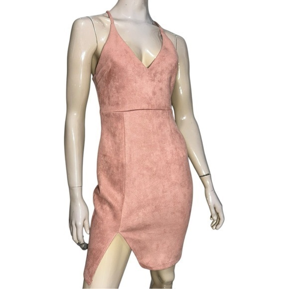Seek the Label NWT Women’s M Dusty Rose Pink Ultra Suede V-Neck Slit Mini Dress - Picture 1 of 10